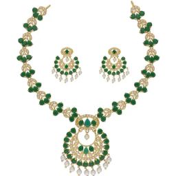 Sri Jagdamba Pearls Nia Green & Pearl White Alloy Necklace & Earring Set-picture-34