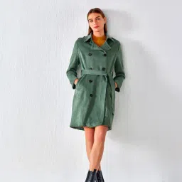 Cover Story Green Regular Fit Double Breasted Long Coat-image-10