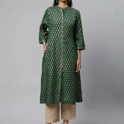 Linen Club Woman Green Linen Printed A Line Kurta-picture-13