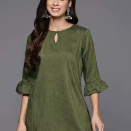 Libas Green Woven Pattern A Line Short Kurti-image-1
