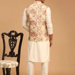 VASTRAMAY Brown & Cream Regular Fit Floral Print Kurta & Churidar With Nehru Jacket image 2