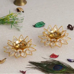 eCraftIndia Gold Crystal Lotus Shape Crystal Diyas - Set of 2 image 2
