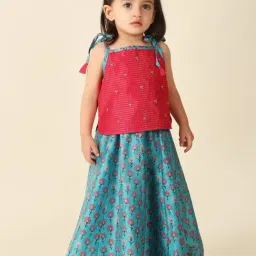 Fabindia Kids Red & Turquoise Floral Print Lehenga with Choli-image-66