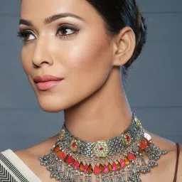 Priyaasi Multicolor Studded Kundan Ghunghroo Oxidized Silver Choker Necklace image 2