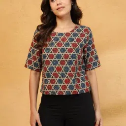 Fabindia Women's Red Printed Round Neck Elbow Sleeves Top-image-14