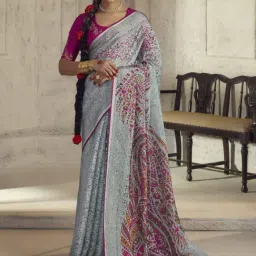 Elora Grey Silk Floral Print Saree With Unstitched Blouse-image-20