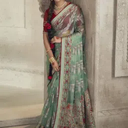 Elora Olive Green Silk Floral Print Saree With Unstitched Blouse-image-25