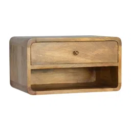 Artisan Furniture Textured Oakish Wall Mounted Brown Curved Bedside Table With Open-Slot image 2