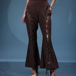 bebe Women Brighter Basics Mid-Rise Flared Fit Parallel Trousers with Tie-Up Detail image 5