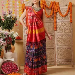 Silk Land Double Ikkat Patola Printed Saree with Weaving Border & Pallu image 4