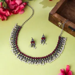 NVR Silver-Plated Stone Studded Oxidized Silver Jewellery Set for Women-picture-24