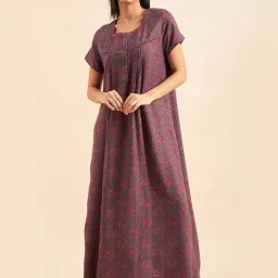 Sweet Dreams Purple Cotton Floral Print Night Gown-image-4