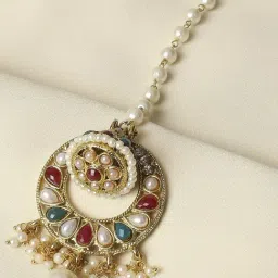 Oomph Gold Tone Red Green Stones & Peals Jadau Ethnic Maang Tikka-picture-13