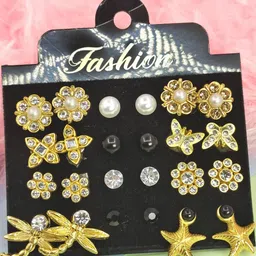 Shivarth Set of 12 Gold-Plated Stainless Steel Artificial Stones Earrings-image-47