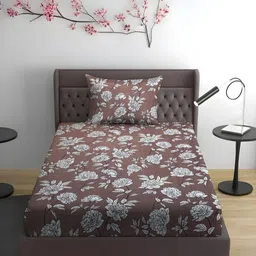 WEAVE AND DECOR Brown Floral Printed Pure Cotton 300 TC Single Bedsheet Set- 2.28m x 1.52m-image-88