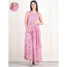 Moms Maternity Womens Printed Georgette Pink Maternity Maxi Dress-picture-16