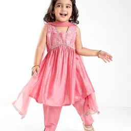 Babyhug Sleeveless Foil Printed Kurta With Pant And Dupatta Set With Embroidery Detailing- Pink-picture-20
