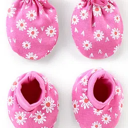 Babyhug 100% Cotton Mittens & Booties Floral Print - Pink-picture-18