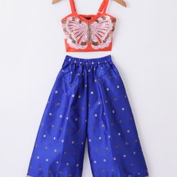 Twisha Sleeveless Beaded Butterfly Embroidered  Crop Top With Self Designed Palazzo - Orange & Blue-picture-14