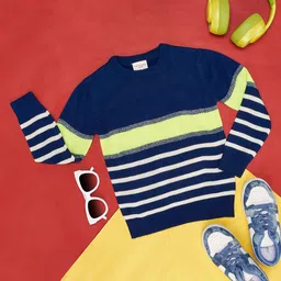 Pantaloons Junior Full Sleeves Striped Pullover - Navy Blue-image-60