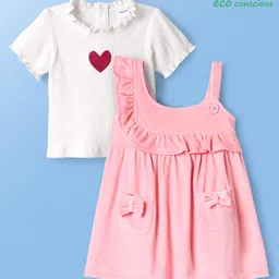 Babyoye Cotton Rib Knit Frock & Half Sleeves Inner Tee With Bow Applique - Pink & White-image-4