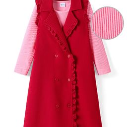 Hola Bonita Knit Frill Sleeves Collared Front Open Knee Length Dress with Full Sleeves T-Shirt - Red & Pink-picture-30