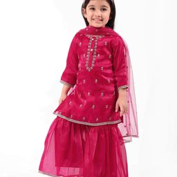 Babyhug Woven Three Fourth Sleeves Georgette Embroidered Kurti Gharara With Dupatta - Dark Pink-picture-22