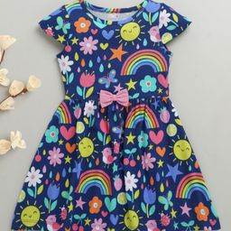 BUMZEE Cotton Knit Cap Sleeves Floral Printed Dress With Bow Applique - Navy Blue-picture-48