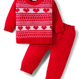 Babyhug Knitted Full Sleeves Sweater Set With Heart Design - Red-picture-36