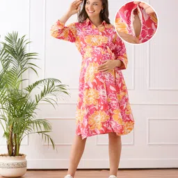 Bella Mama Woven Three Fourth Sleeves Maternity Shirt Dress With Floral Print - Pink-picture-37