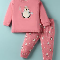 CUCUMBER Sinker Knit Full Sleeves Night Suit with Penguin Embroidery & Print - Pink-picture-18