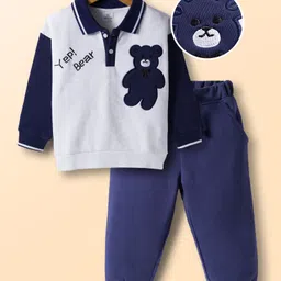 Mark & Mia Fleece Knit Full Sleeves Oversize Winter Wear Polo Collar T-Shirt & Joggers Set with Bear Applique & Tipping Rib Detailing - Navy Blue & White-picture-20