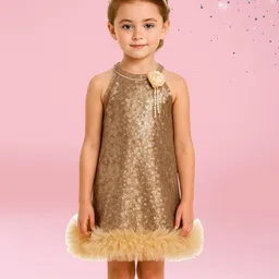 Cutecumber Woven Sleeveless Sequin Embellished & Floral Applique Detailed Dress - Beige-image-75