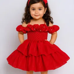 TINY MINY MEE Elastane Woven Cold Shoulder Sleeves Ruffle Detailed & Pearls Embellished Layered Dress - Red-picture-20