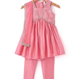 Babyhug Sleeveless Foil Printed Kurta With Pant And Dupatta Set With Embroidery Detailing- Pink image 2