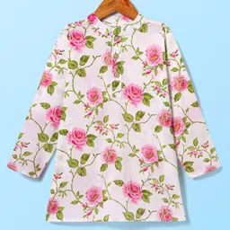 CrayonFlakes Cotton Full Sleeves Floral Printed Kurta & Pyjama Set - Off White image 3