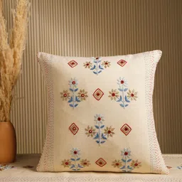 JAYPORE Beige & Brown Floral Embroidered Cotton Square Cushion Covers-picture-11