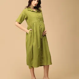 The Mom Store Cotton Blend Half Sleeves Solid Shirt Style Maternity Dress With Zipper Nursing Access - Olive Green image 4