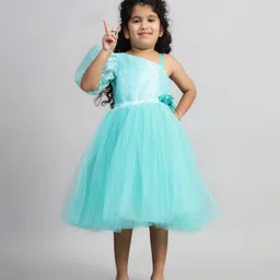 Toy Balloon Kids Net One Shoulder Half Puffed Sleeves Floral Applique Detailed Swiss Dot Designed Dress - Rama Green image 4