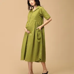 The Mom Store Cotton Blend Half Sleeves Solid Shirt Style Maternity Dress With Zipper Nursing Access - Olive Green image 5