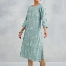 Fabindia Green Regular Fit Floral Print Kurtas image 3