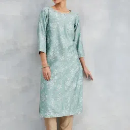 Fabindia Green Regular Fit Floral Print Kurtas image 4