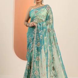 Libas Blue Embroidered Saree With Unstitched Blouse-picture-48