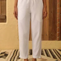 House of Chikankari White Cotton Solid Women's Pants-image-0