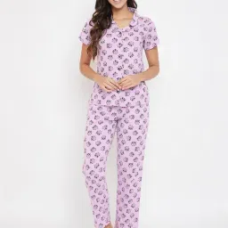 Clovia Purple & Black Printed Shirt With Pyjama Set-picture-17