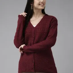 Cayman Maroon Wool Self Design Cardigan-image-23