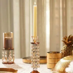 Pure Home and Living Amber Glass Tapered With Hanging Crystals Candle Holder-picture-41
