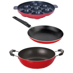 Nirlon Red Aluminium Kitchen Cookware Non-Stick Set with Steel Lid - Set of 3 image 1