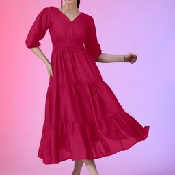 Raiyani Fashion Women V-Neck Puff Sleeves Tiered Fit & Flare Midi Dress-image-54