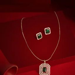 Zaveri Pearls Green Dazzling Cubic Zirconia Pendant with Chain & Earrings Set-picture-6